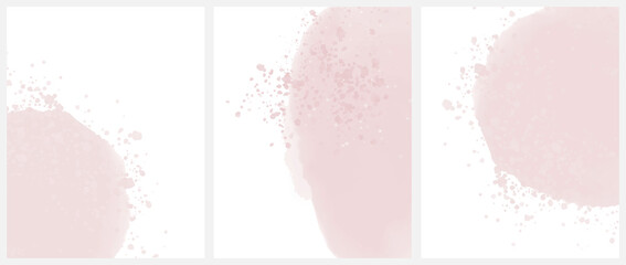 Set of 3 Delicate Abstract Watercolor Style Vector illustration with Light Pink Paint Stains on a White Background. Pastel Color Splashes and Splatter Print Set.