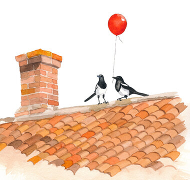 Two magpies on a roof holding a balloon