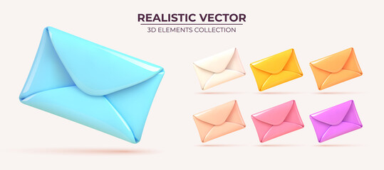 Set of colorfull envelopes. Realistic envelope vector mockup. Realistic 3d design congratulations mail, falling envelope. Abstract cartoon design. Vector illustration