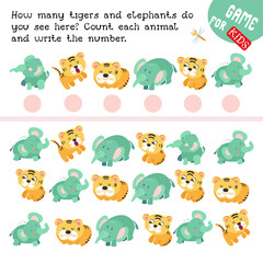 Fototapeta premium How many tigers and elephants do you see here. Count each animal and write number. Game for children. Math worksheet for kids. Vector color illustration.