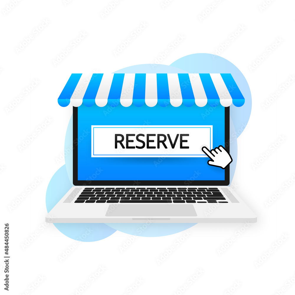 Poster flat button with blue reserved button. flat line vector illustration. online store. vector icon