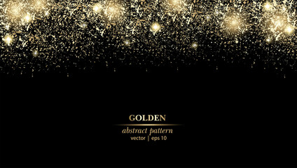 Vector banner mock-up with glitter golden frame, glowing lights and space for text. Golden sparks on a black background. 