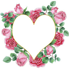 Watercolor Rose Heart shaped Frame Design.
