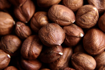 Shelled raw hazelnuts background closeup