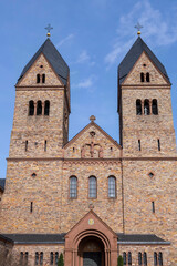 View of the front facade of the church in the Abbey of St. Hildegard near Rüdesheim am...