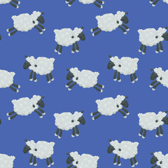 Pattern with sheep on a blue background. Children's design.