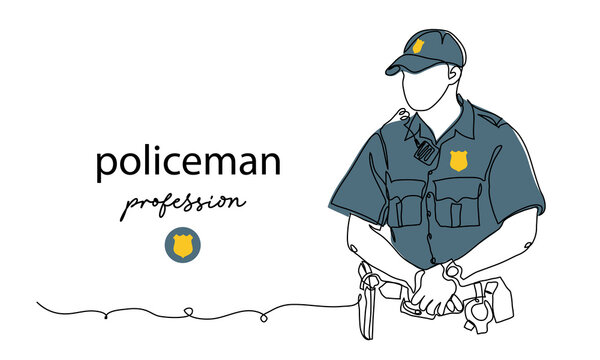 Policeman, cop profession. Man in uniform. Vector background, banner, poster. One continuous line art drawing illustration of policeman