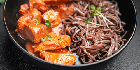 soba buckwheat noodles meat tomato sauce meal food snack on the table copy space food background 