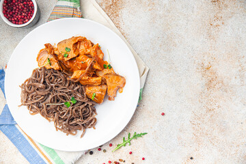 soba buckwheat noodles meat tomato sauce meal food snack on the table copy space food background 