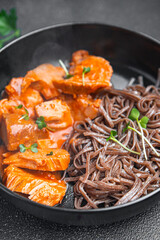 soba buckwheat noodles meat tomato sauce meal food snack on the table copy space food background 