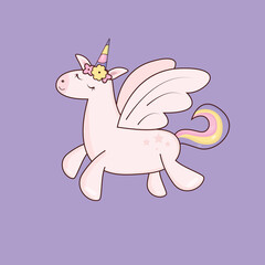 Unicorn with wings in flight galloping rainbow tail