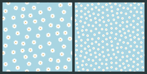 White camomiles. Cute seamless pattern with floral motif on a pastel blue background. Spring and summer. Vintage. Wallpaper, dresses, packaging, tea. Vector illustration - 484452489