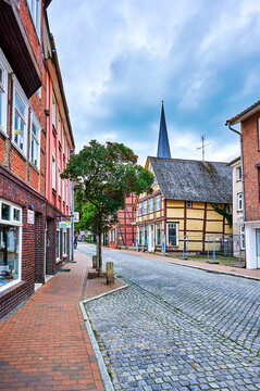 Dannenberg, Germany - September 20, 2021: View to the cityscape of the German medieval town Dannenberg with historical buildings.