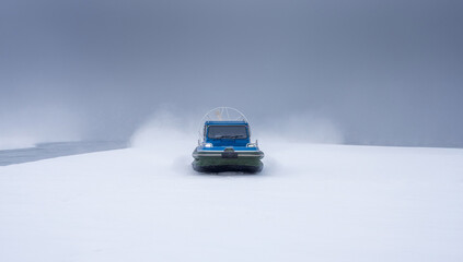 Aeroboat ice hovercraft, winter transport extreme in fog