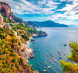 Obraz premium Aerial summer cityscape of Conca dei Marini town, province of Salerno in the Campania region of south-western Italy, Europe. Attractive Mediterranean seascpe. Traveling concept background.