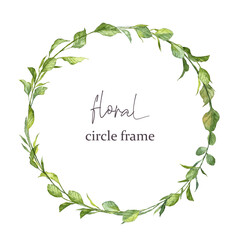 Circle floral frame template for designing greeting cards and wedding invitations. Watercolor hand painted realistic botany. Template with copy space
