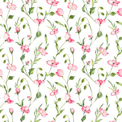 Square seamless floral pattern with watercolor pink flowers and green leaves. Wrapping paper and greeting card background