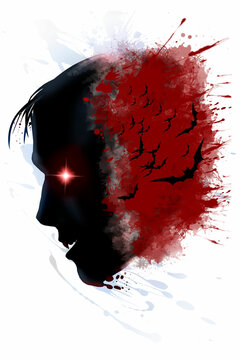 A vampire with a glowing eye in profile. He smiles, baring fangs, blood trickling down his chin. On the other hand, there is a splatter of blood, against the background of which a flock of bats.