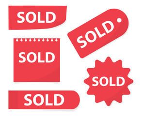 set of red paper notes, labels, price tags with sold word- vector illustration