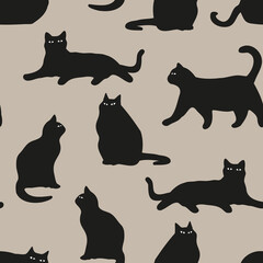 Vector beige and black cats texture seamless pattern background. Unique and funny. Perfect for fabric, wallpaper, scrapbooking and stationery. Surface pattern design.