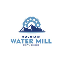 Fototapeta na wymiar Mountains And Gears, Water Creek Mill Logo Design