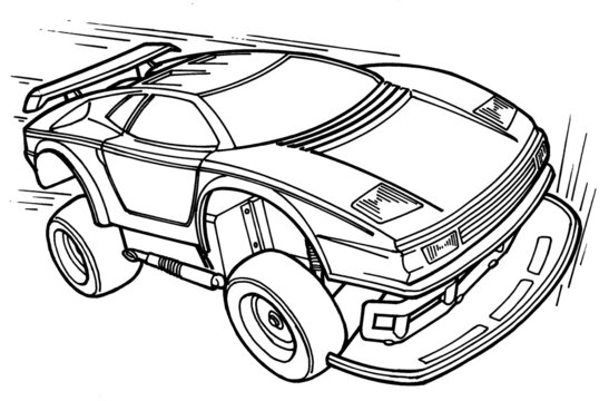 Illustration of a remote controlled toy car in black and white drawing 