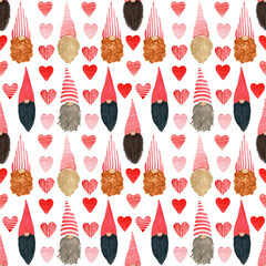 Watercolor gnomes and hearts, seamless pattern