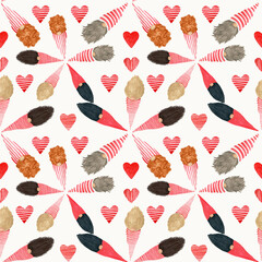 Seamless pattern with gnomes and hearts