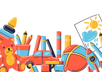 Background with various kids toys. Happy childhood symbols. Playing game with friends.