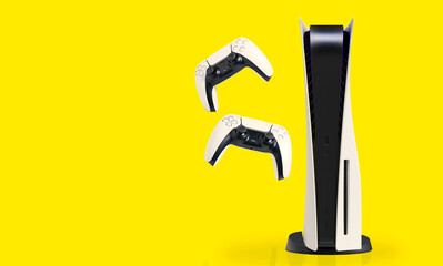 White Next Generation console and controllers on yellow background. 3d illustration. © miglagoa
