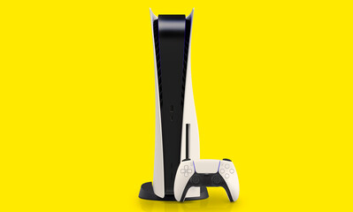 White Next Generation console game on yellow background. 3d illustration. © miglagoa