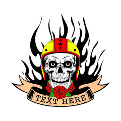 Colorful tattoo vintage template with skull with helmet and red roses on dark fire background isolated vector illustration