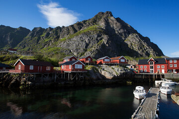 Norway village in Lofoten under a sunny, blue sky, with the typical red rorbu houses.