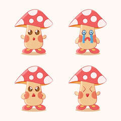 Mushroom Cute Character Vector with four poses differently, with a cute style that children like. Suitable for stickers, and merchandise in the form of a mushroom.