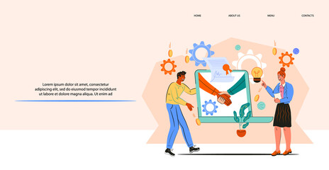 Fototapeta na wymiar Online conclusion of the transaction, contract signing website banner. Startup support, collaboration business handshake, vector illustration in flat style.