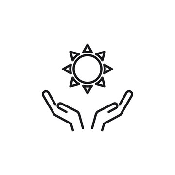 Charity and philanthropy concept. Hight quality sign drawn with thin line. Suitable for web sites, stores, internet shops, banners etc. Line icon of sun above opened hands