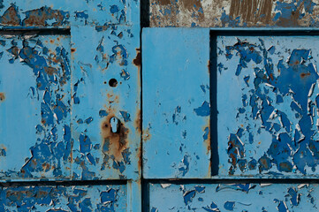 Abstract closeup of blue peeling paint on a metal surface