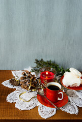 coffe at home at christmass time, vintage still life, background with copy space