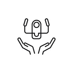 Charity and philanthropy concept. Hight quality sign drawn with thin line. Suitable for web sites, stores, internet shops, banners etc. Line icon of airplane steering wheel over opened hands