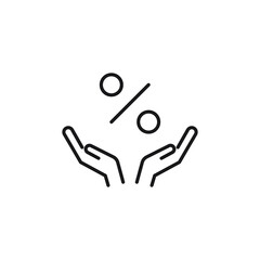 Charity and philanthropy concept. Hight quality sign drawn with thin line. Suitable for web sites, stores, internet shops, banners etc. Line icon of percent above opened hands