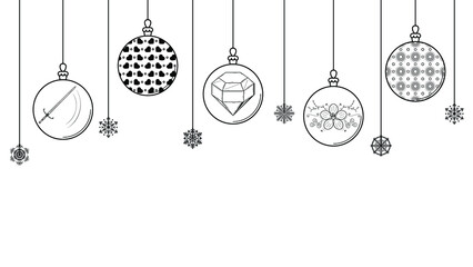 Black Doodle Outline Simple Line Abstract Merry Christmas Xmas Balls With Snowflakes Holiday Decorations Happy New Year Background Vector Design Style