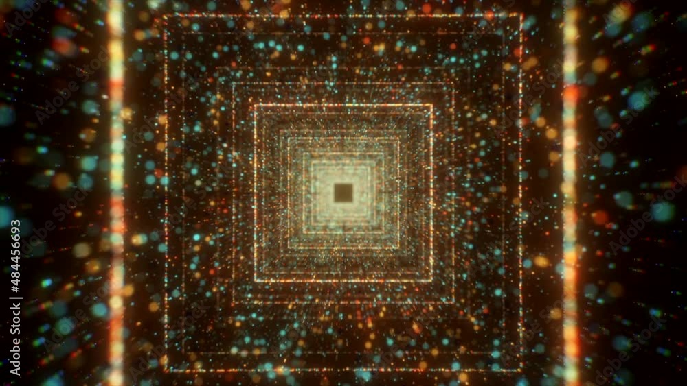 Poster abstract background with flying into digital tunnel of flickering particles, seamless loop. motion. 