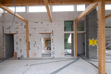 bright, friendly, modern loft construction site drywall without people in daylight