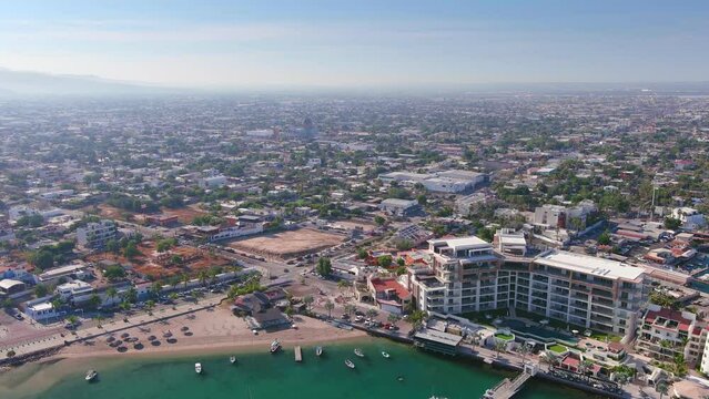 La Paz, Mexico: Aerial view of capital city of Baja California Sur, clear turquoise waters of Gulf of California, sunny day with blue sky - landscape panorama of North America from above