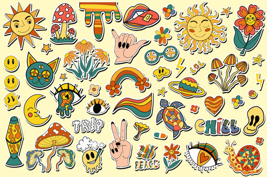 Retro 70s Stickers , Hippie , Psychedelic Trippy Groovy Elements. Cartoon Funky Sticker Vintage Hippy Style Element. Vector Illustration