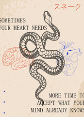 Modern abstract background or card template in modern and bright colors, in popular art style (Japanese text translation: snake)