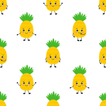 cartoon pineapple pattern in flat style, vector illustration