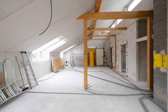 bright, friendly, modern loft construction site drywall without people in daylight