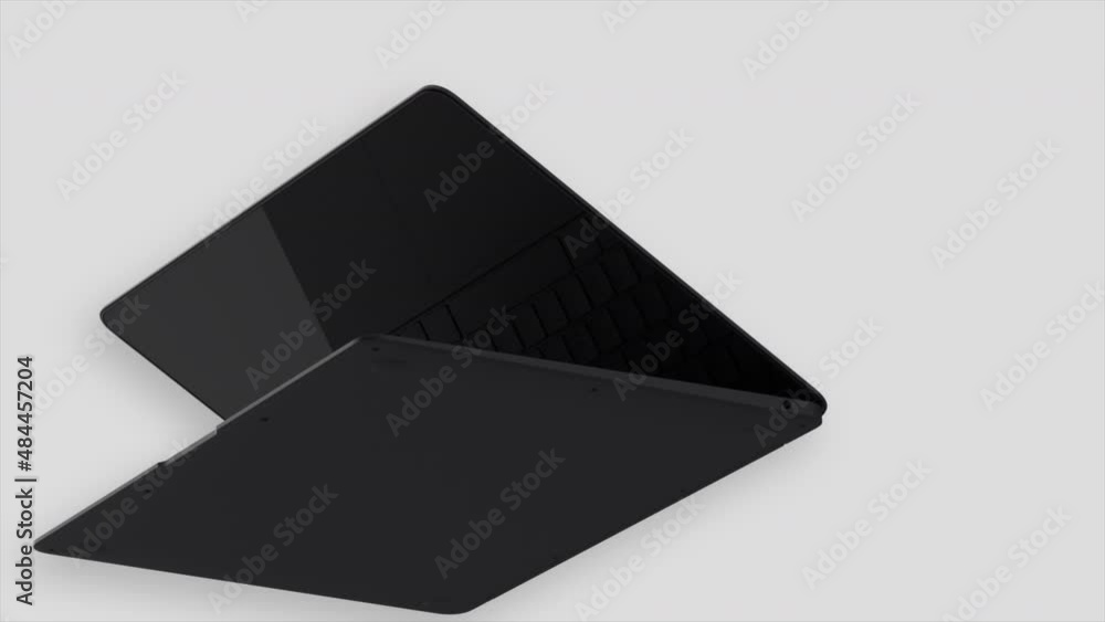 Poster close up of new black laptop computer model isolated on a white background. motion. abstract opened 
