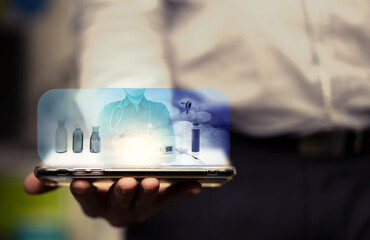 doctor in hologram screen in mobile pnone communication in tele health medicine concept - obrazy, fototapety, plakaty